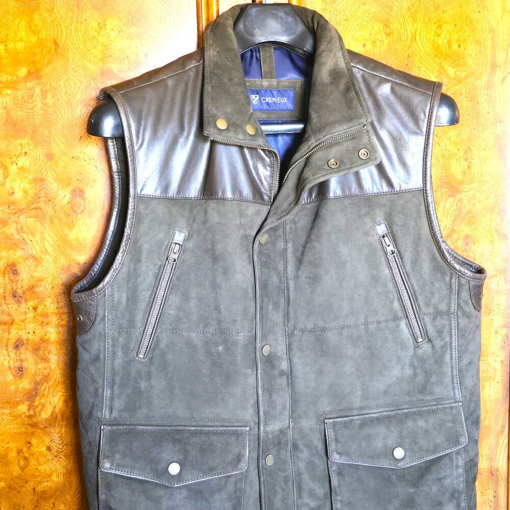 (NWOT) CREMIEUX (L) Green Suede Vest w/ brown leather trim